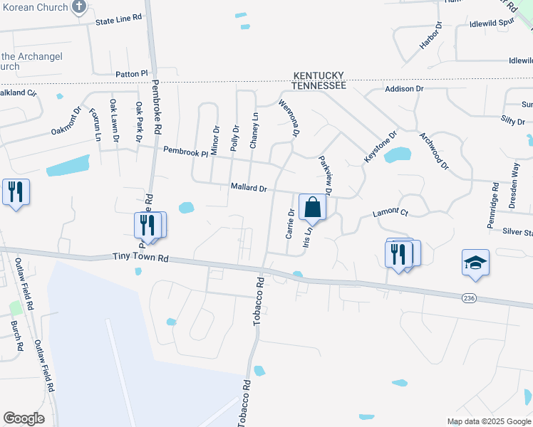 map of restaurants, bars, coffee shops, grocery stores, and more near 1120 Tobacco Road in Clarksville