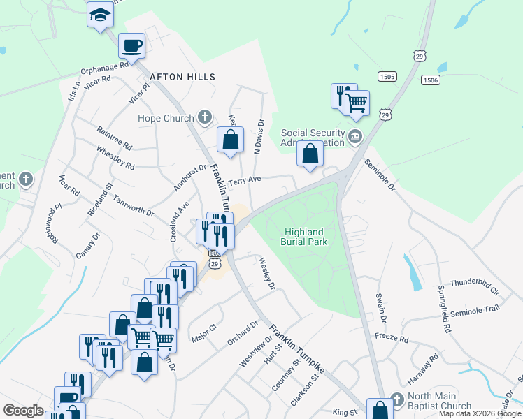 map of restaurants, bars, coffee shops, grocery stores, and more near 1608 Piney Forest Rd in Danville