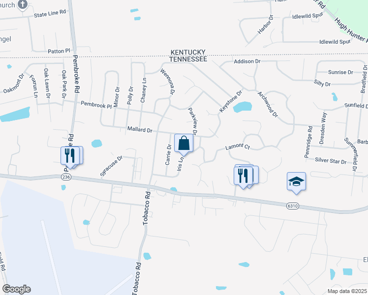 map of restaurants, bars, coffee shops, grocery stores, and more near 103 Iris Court in Clarksville