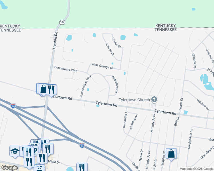 map of restaurants, bars, coffee shops, grocery stores, and more near 3881 Roscommon Way in Clarksville