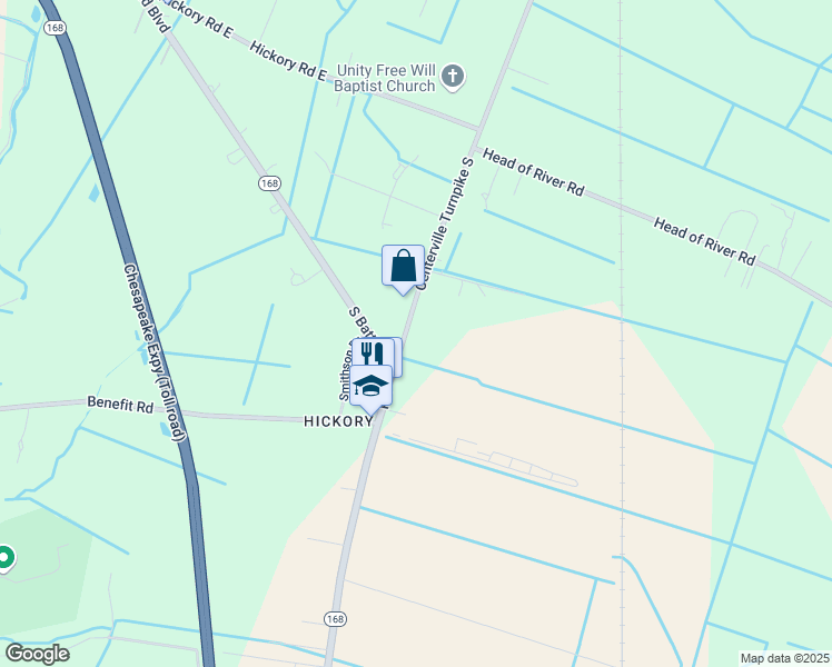 map of restaurants, bars, coffee shops, grocery stores, and more near 2549 Centerville Turnpike South in Chesapeake