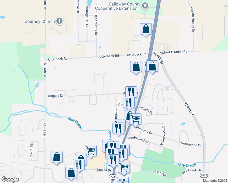 map of restaurants, bars, coffee shops, grocery stores, and more near 1217-1299 Diuguid Drive in Murray