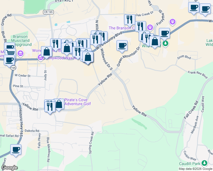map of restaurants, bars, coffee shops, grocery stores, and more near 200 Glory Road in Branson