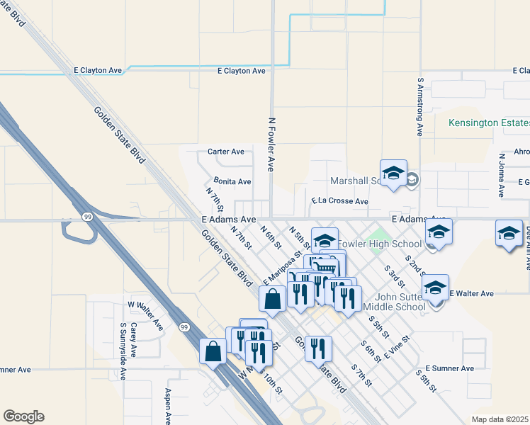 map of restaurants, bars, coffee shops, grocery stores, and more near 215 East Adams Avenue in Fowler