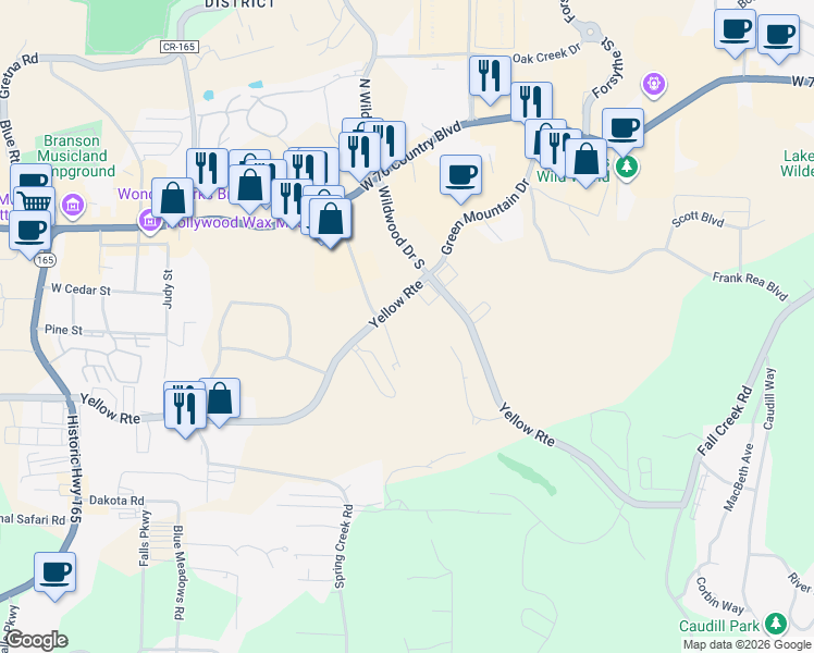 map of restaurants, bars, coffee shops, grocery stores, and more near 200 Glory Road in Branson