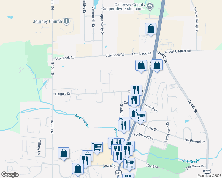 map of restaurants, bars, coffee shops, grocery stores, and more near 1320 Diuguid Drive in Murray