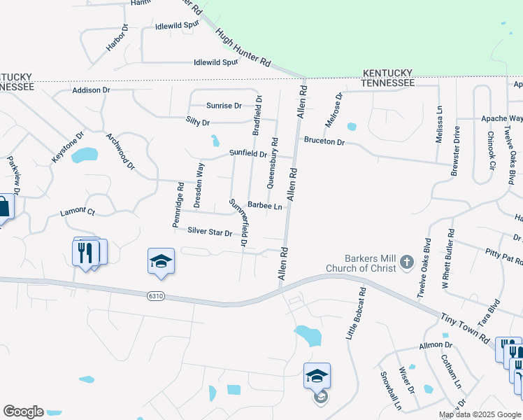 map of restaurants, bars, coffee shops, grocery stores, and more near 3386 Queensbury Road in Clarksville