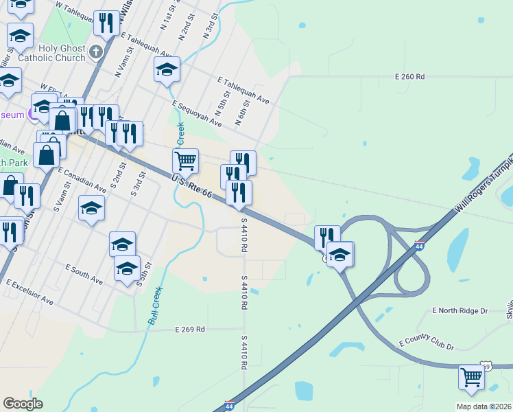 map of restaurants, bars, coffee shops, grocery stores, and more near 26912 S 7th St in Vinita