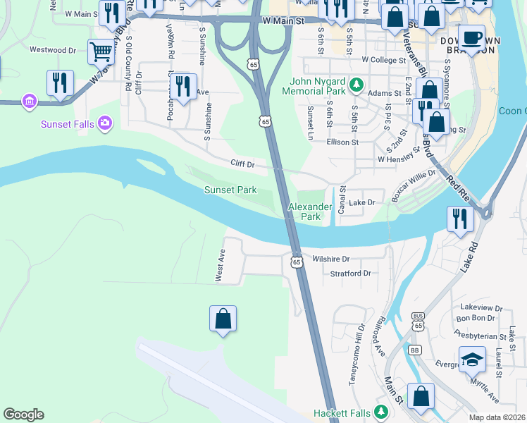 map of restaurants, bars, coffee shops, grocery stores, and more near 804 Sunset Road in Branson