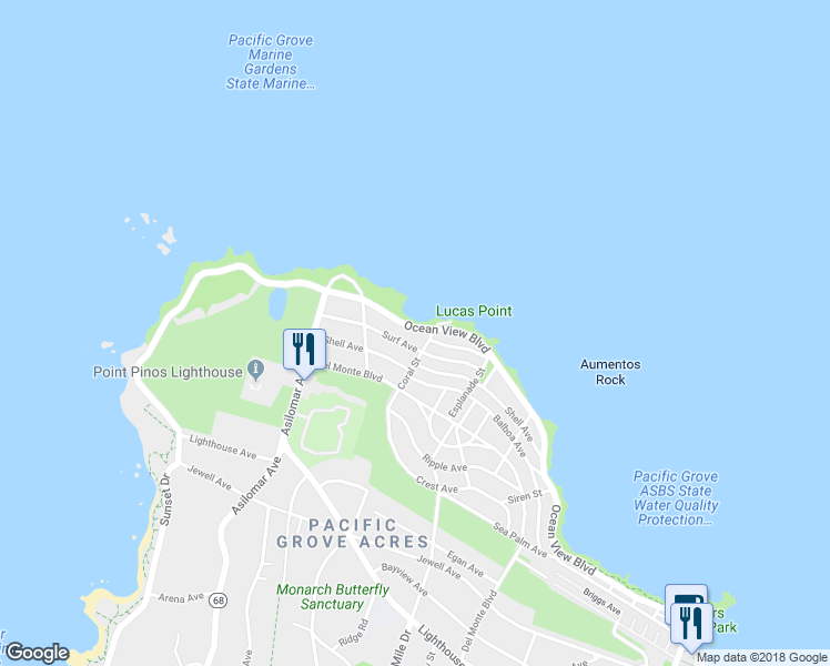 map of restaurants, bars, coffee shops, grocery stores, and more near 1209 Ocean View Boulevard in Pacific Grove