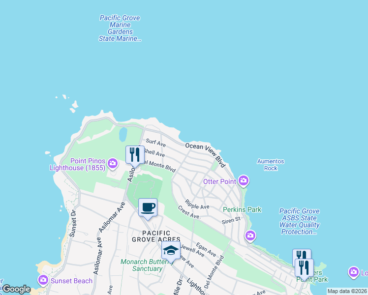 map of restaurants, bars, coffee shops, grocery stores, and more near 1209 Ocean View Boulevard in Pacific Grove