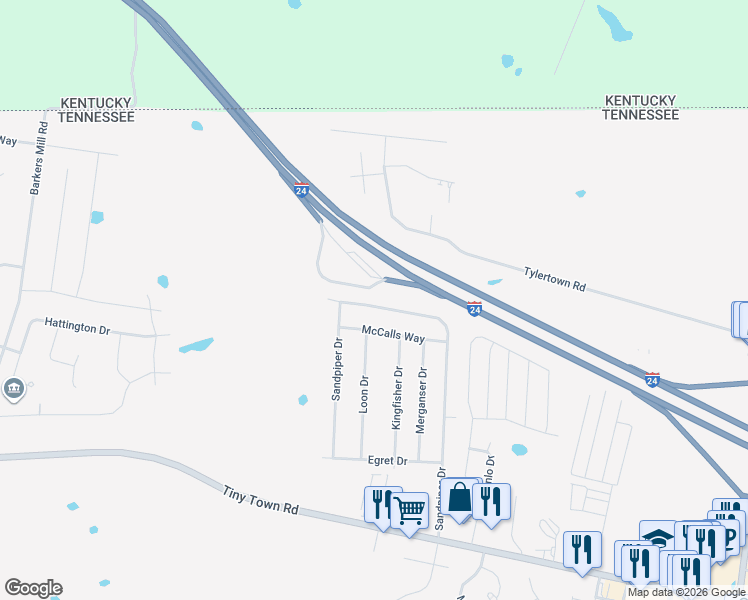 map of restaurants, bars, coffee shops, grocery stores, and more near 3494 Sandpiper Drive in Clarksville