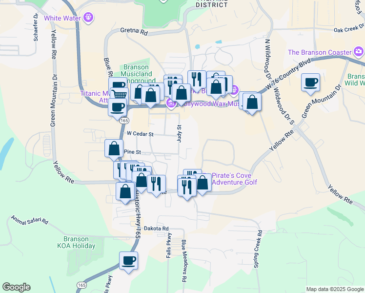 map of restaurants, bars, coffee shops, grocery stores, and more near 404 Judy Street in Branson