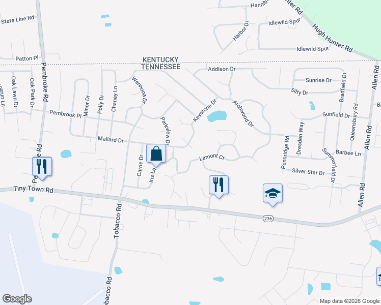 map of restaurants, bars, coffee shops, grocery stores, and more near 1112 Lamont Court in Clarksville