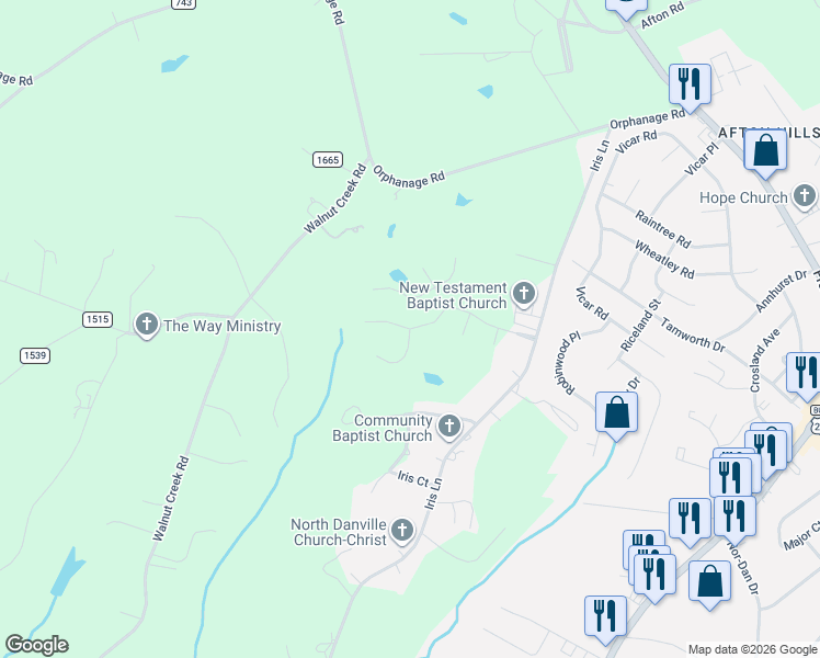 map of restaurants, bars, coffee shops, grocery stores, and more near 100-122 Castle Court in Danville
