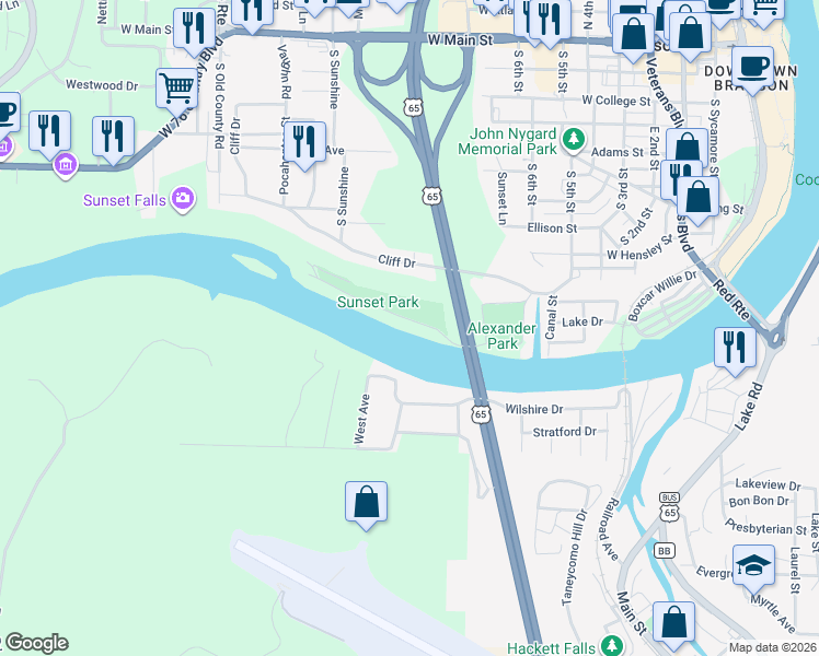 map of restaurants, bars, coffee shops, grocery stores, and more near 804 Sunset Road in Branson