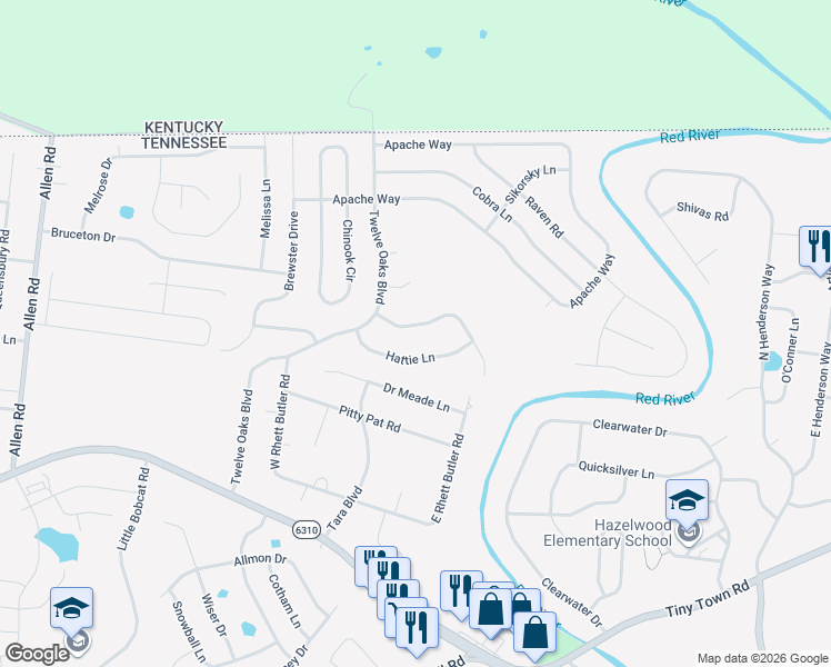 map of restaurants, bars, coffee shops, grocery stores, and more near 1516 Bonnie Blue Avenue in Clarksville