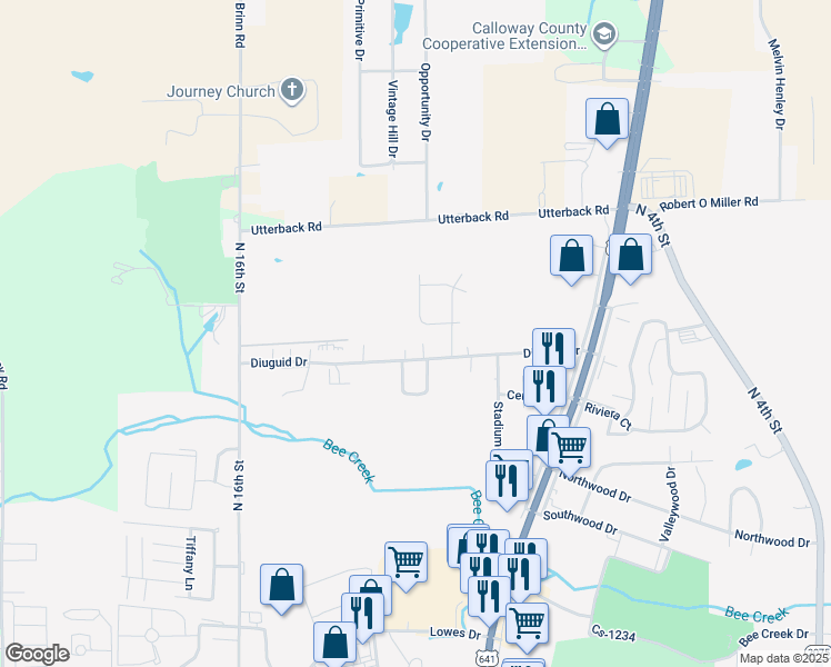 map of restaurants, bars, coffee shops, grocery stores, and more near 1404 Diuguid Drive in Murray