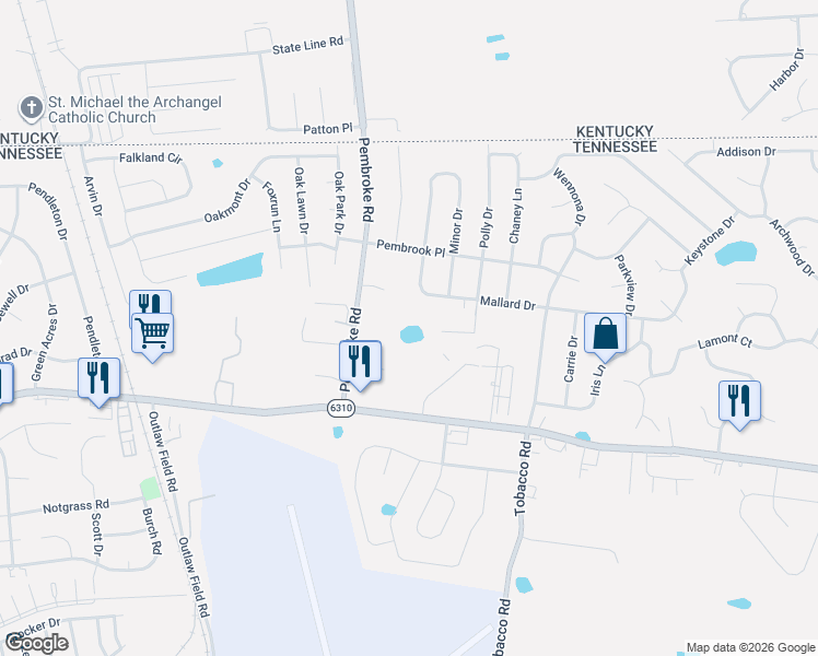map of restaurants, bars, coffee shops, grocery stores, and more near 3378 Mallard Drive in Clarksville