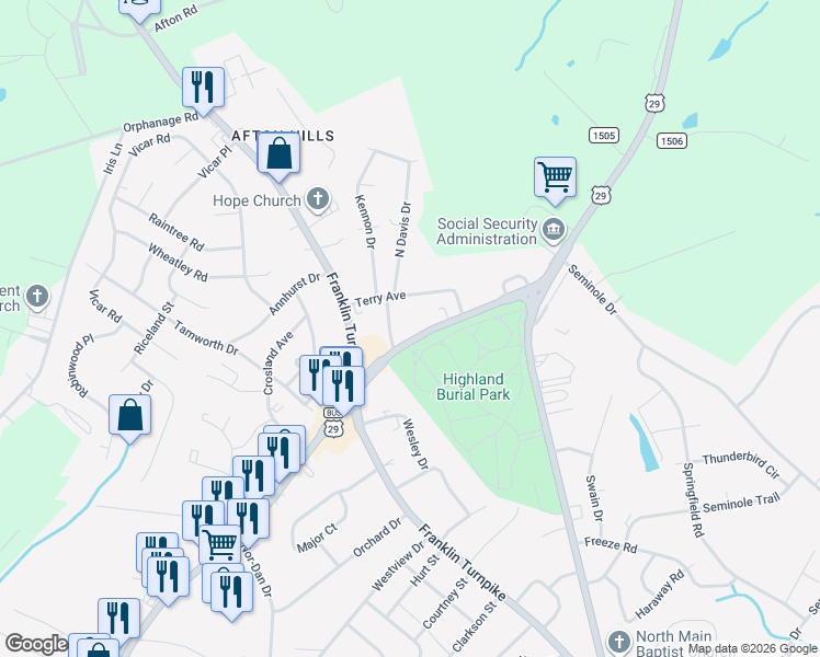 map of restaurants, bars, coffee shops, grocery stores, and more near 1608 Piney Forest Rd in Danville