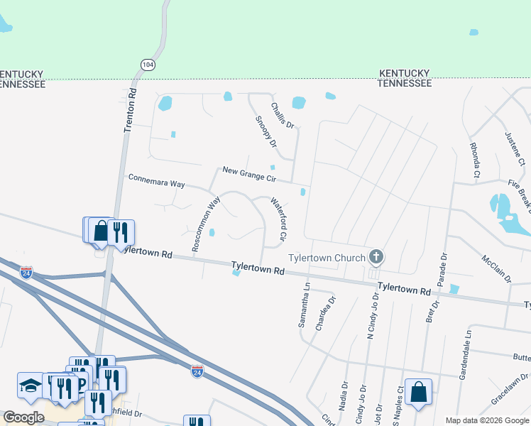 map of restaurants, bars, coffee shops, grocery stores, and more near 3881 Roscommon Way in Clarksville