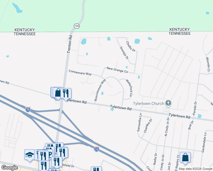 map of restaurants, bars, coffee shops, grocery stores, and more near 1075 Meshaw Trail in Clarksville