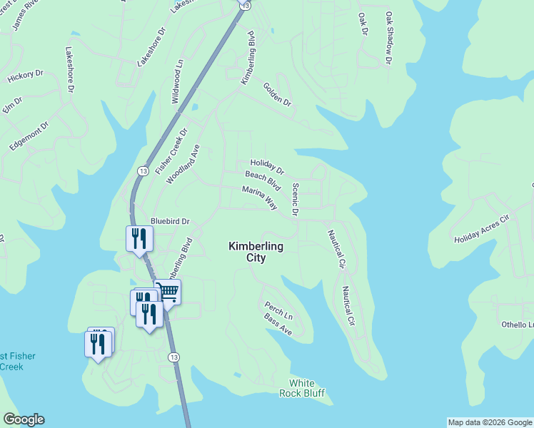 map of restaurants, bars, coffee shops, grocery stores, and more near Cape Kimberling Road in Kimberling City