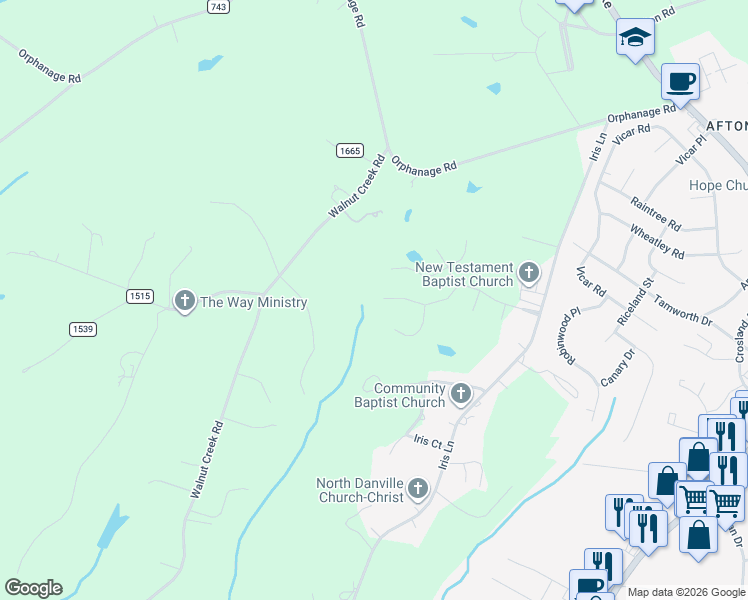 map of restaurants, bars, coffee shops, grocery stores, and more near 124 Granite Drive in Danville