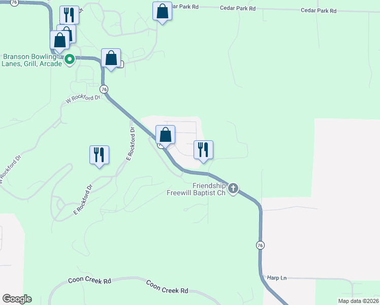 map of restaurants, bars, coffee shops, grocery stores, and more near 108 Patrick Place in Branson
