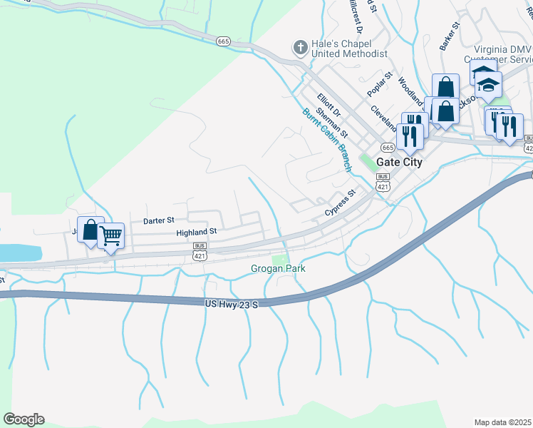 map of restaurants, bars, coffee shops, grocery stores, and more near 119-123 North Pine Street in Gate City