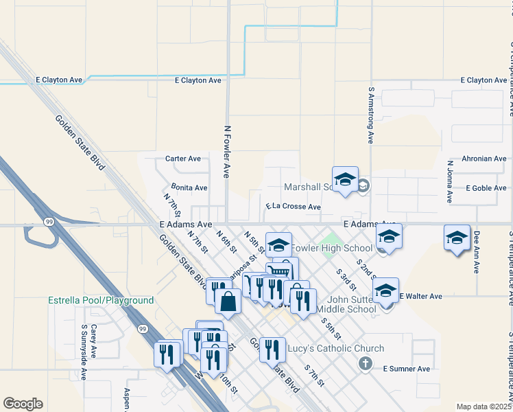 map of restaurants, bars, coffee shops, grocery stores, and more near 340 East Adams Avenue in Fowler