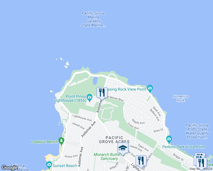 map of restaurants, bars, coffee shops, grocery stores, and more near 1273 Ocean View Boulevard in Pacific Grove