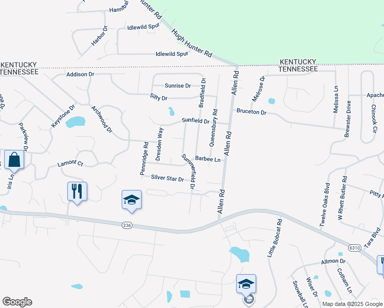 map of restaurants, bars, coffee shops, grocery stores, and more near 3388 Bradfield Road in Clarksville