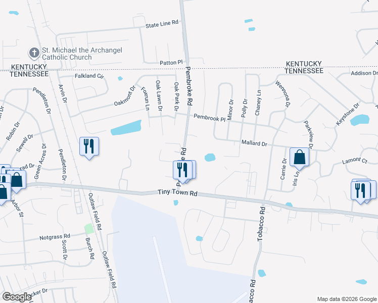 map of restaurants, bars, coffee shops, grocery stores, and more near 3357 Pembroke Road in Clarksville
