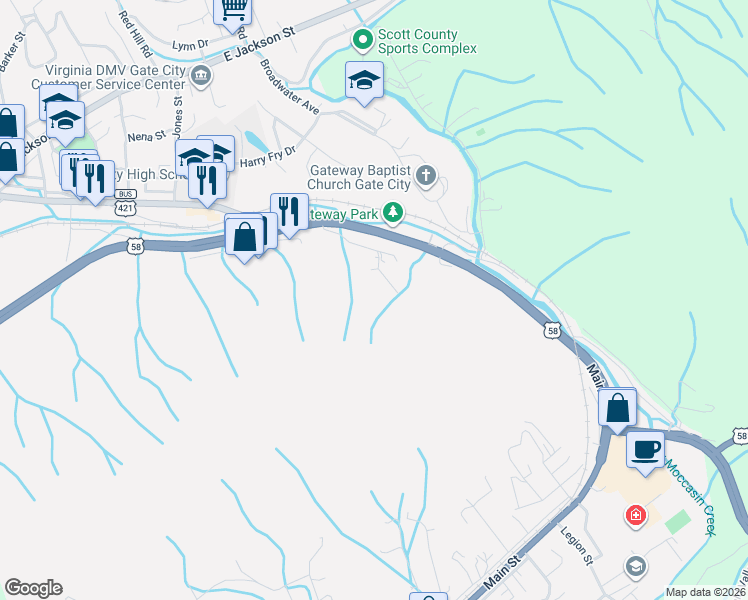 map of restaurants, bars, coffee shops, grocery stores, and more near 116 Windover Road in Gate City
