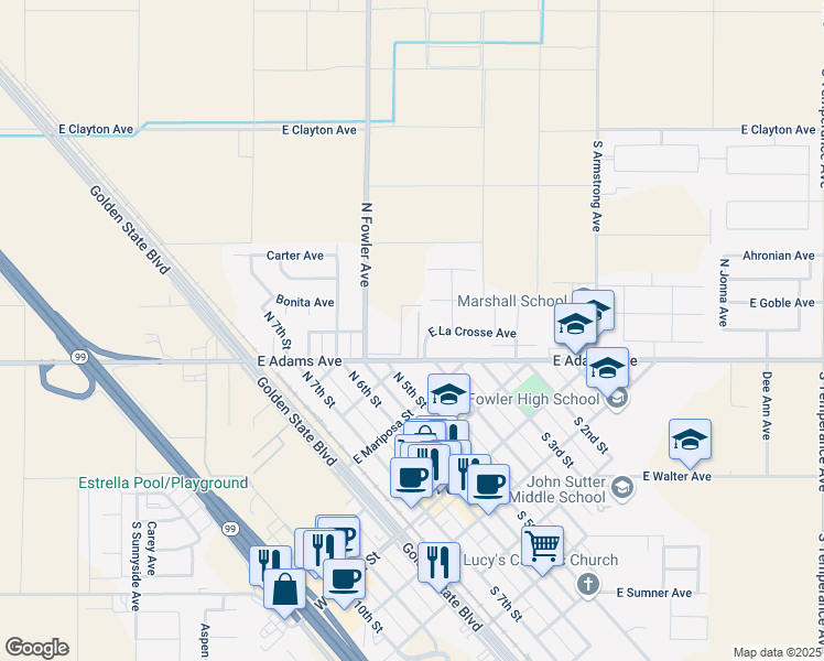 map of restaurants, bars, coffee shops, grocery stores, and more near 340 East Adams Avenue in Fowler