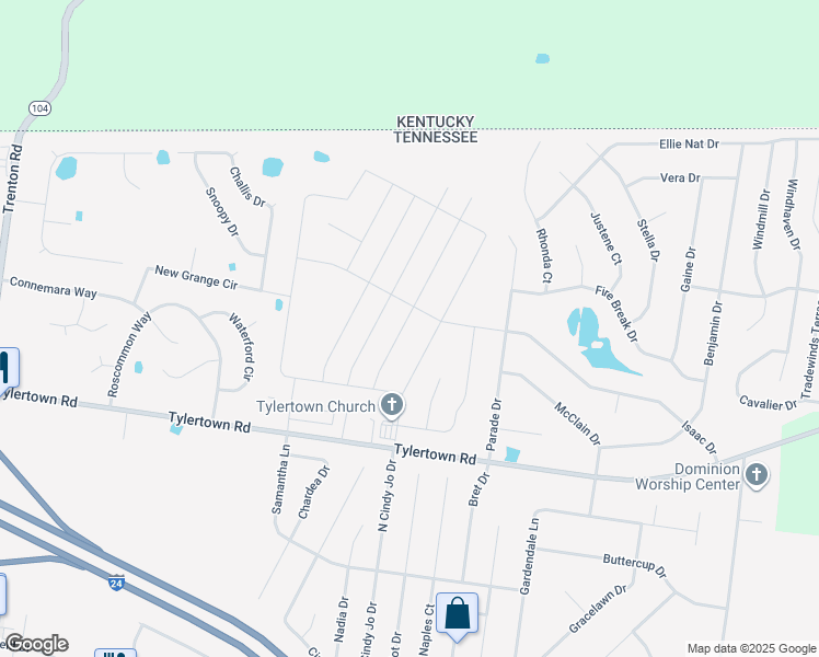 map of restaurants, bars, coffee shops, grocery stores, and more near 1345 Millet Drive in Clarksville
