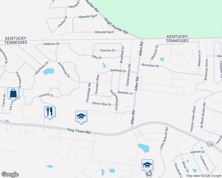 map of restaurants, bars, coffee shops, grocery stores, and more near 3392 Bradfield Drive in Clarksville