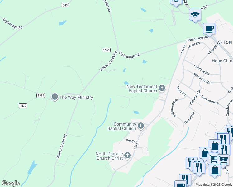 map of restaurants, bars, coffee shops, grocery stores, and more near 124 Granite Drive in Danville