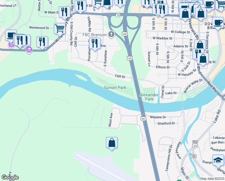 map of restaurants, bars, coffee shops, grocery stores, and more near 820 Sunset Road in Branson