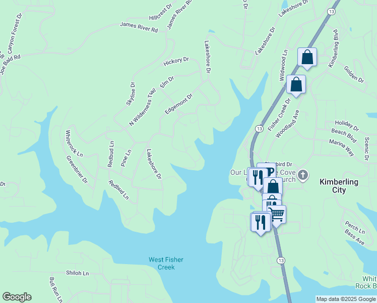 map of restaurants, bars, coffee shops, grocery stores, and more near in Kimberling City