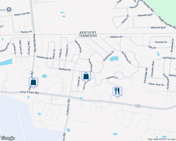 map of restaurants, bars, coffee shops, grocery stores, and more near 3329 Mallard Drive in Clarksville