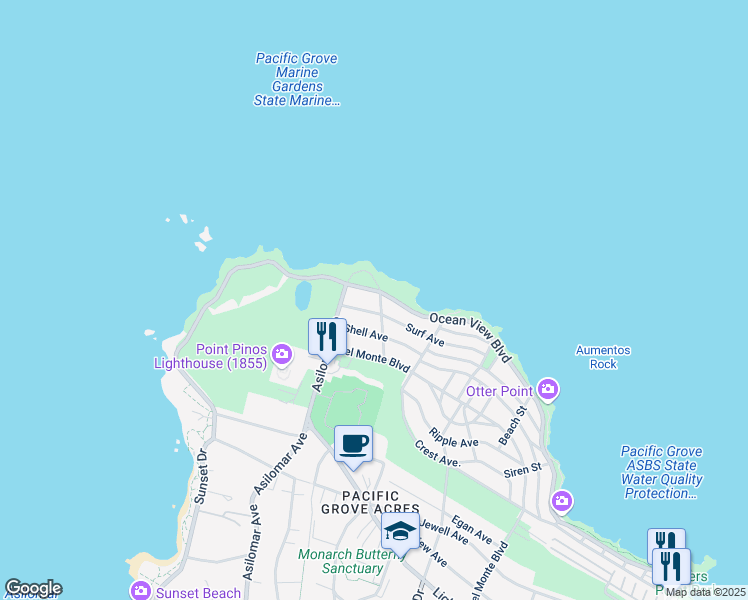 map of restaurants, bars, coffee shops, grocery stores, and more near 1273 Ocean View Boulevard in Pacific Grove