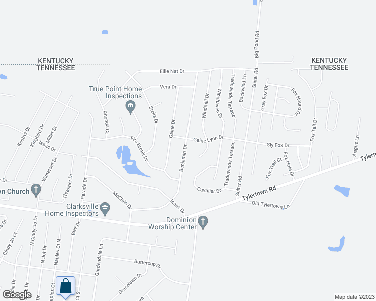 map of restaurants, bars, coffee shops, grocery stores, and more near 3892 Benjamin Drive in Clarksville