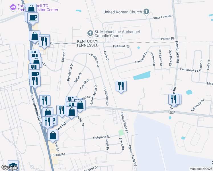 map of restaurants, bars, coffee shops, grocery stores, and more near 2223 Pendleton Drive in Clarksville