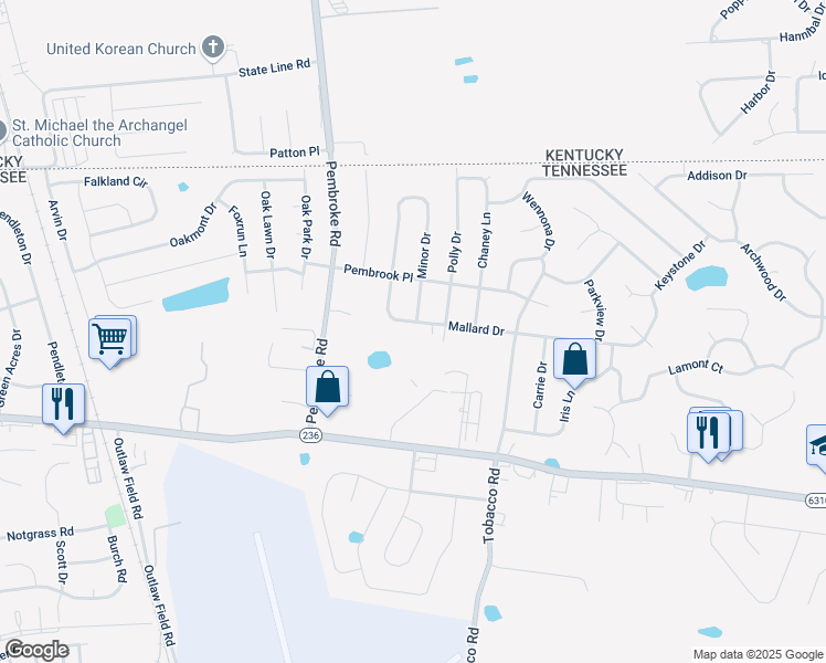 map of restaurants, bars, coffee shops, grocery stores, and more near 3372 Mallard Drive in Clarksville