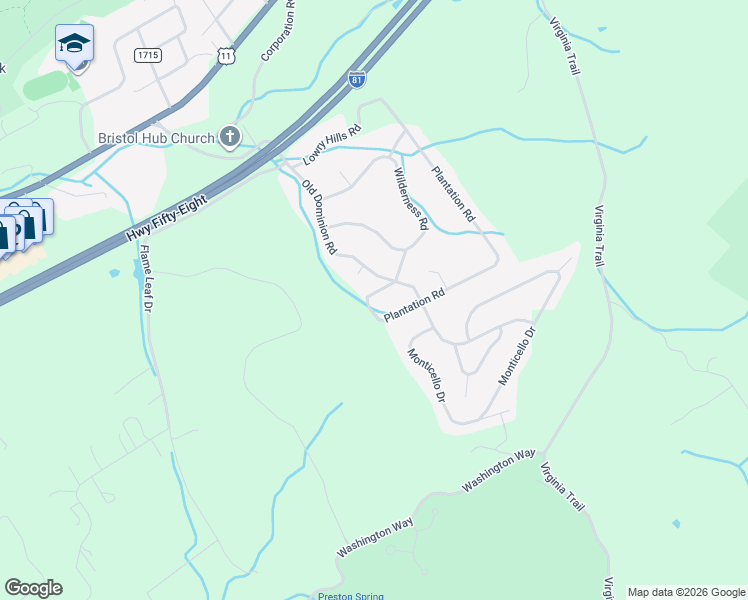 map of restaurants, bars, coffee shops, grocery stores, and more near 21680 Plantation Road in Bristol