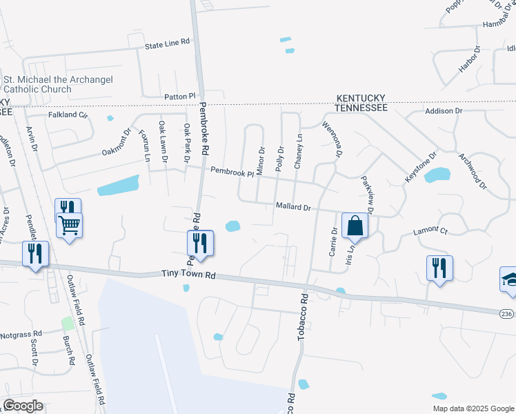 map of restaurants, bars, coffee shops, grocery stores, and more near 3372 Mallard Drive in Clarksville