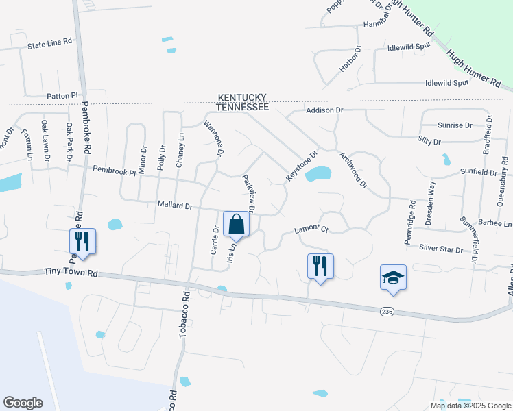 map of restaurants, bars, coffee shops, grocery stores, and more near 1203 Parkview Drive in Clarksville