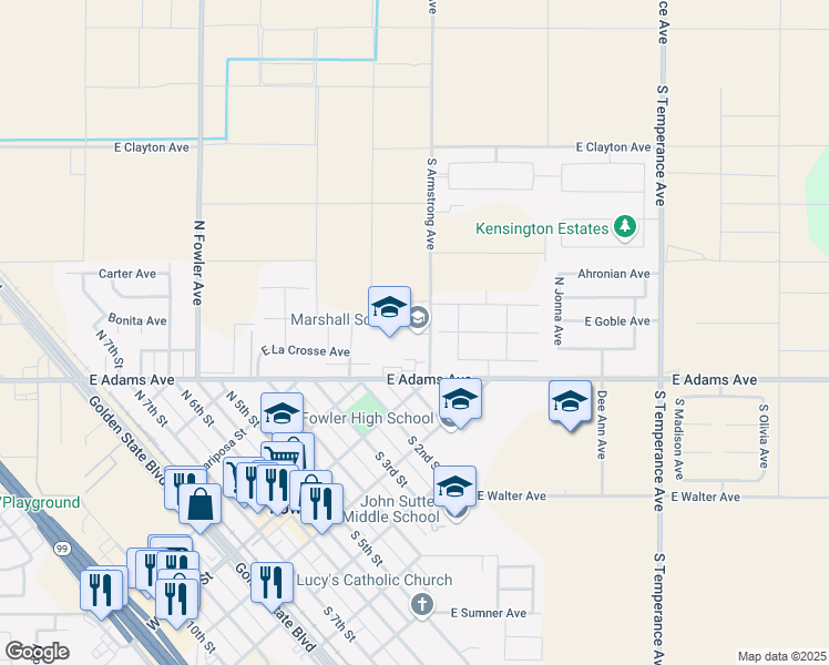 map of restaurants, bars, coffee shops, grocery stores, and more near 142 North Armstrong Avenue in Fowler